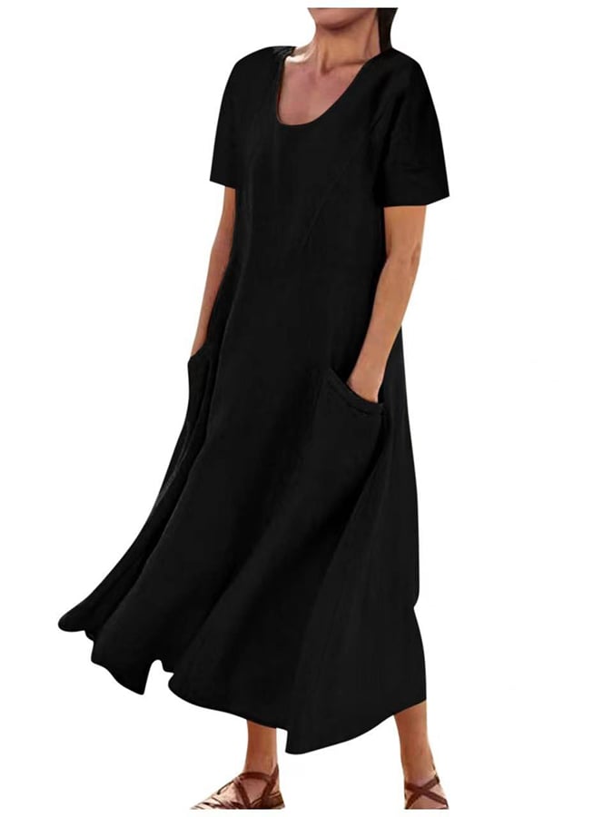 Solid Cotton Linen Pocket Short Sleeve Round Neck Dress