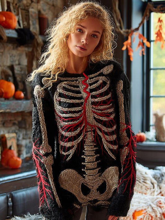 Vintage Halloween Vascular In Skeleton Bones Art Chunky Knitted Sweater
