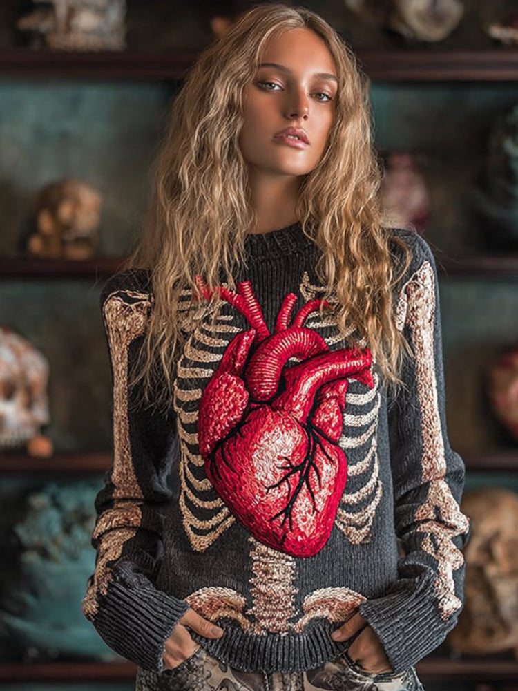Women Halloween Human Bones Red Heart Embroidery Antique Round Neck Sweater