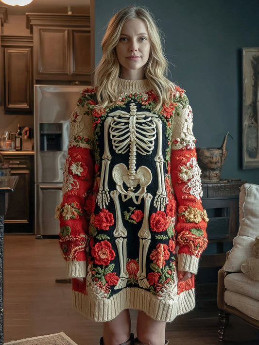 Women's Halloween Skull Flower Art Cozy Knit Sweater Mini Dress