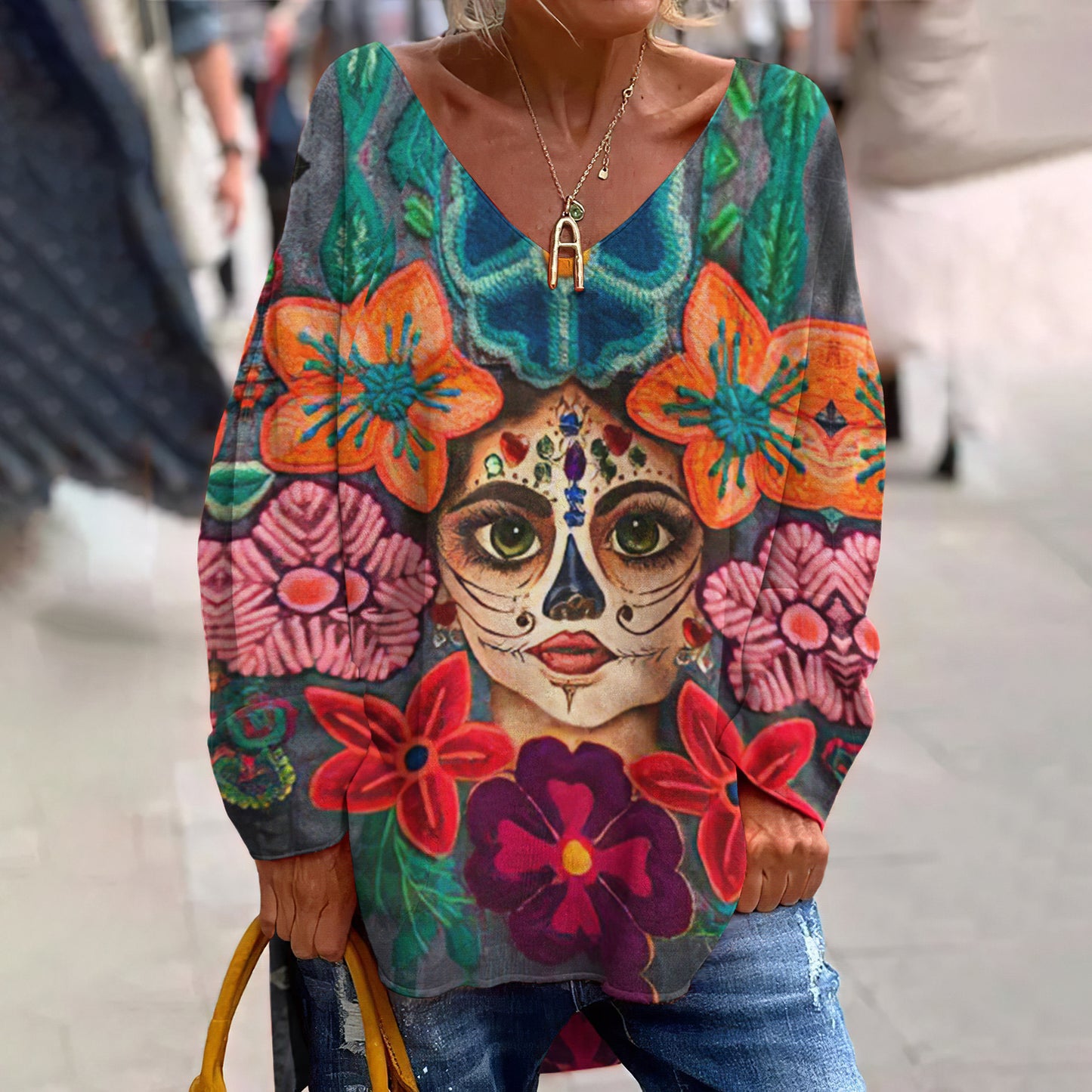 Classy Mexican Sugar La Catrina Day Of The Dead Inspired Pattern Art Printed V-Neck T-Shirt