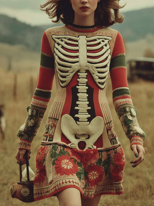 Women's Vintage Skull Rib Flower Pattern Color Block Knit Mini Dress