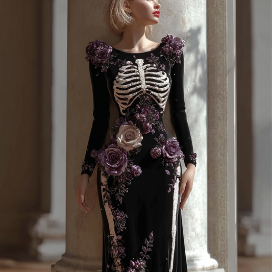 Halloween Theme Lady Round Neck Fitted Velvet Long Dress