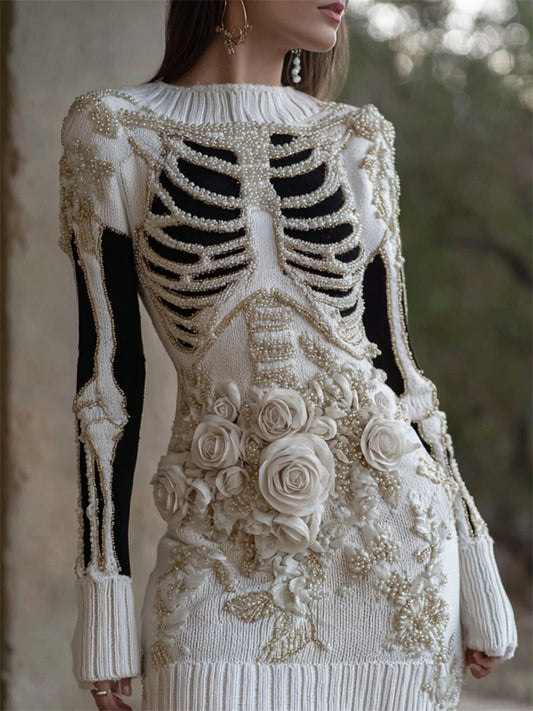 Halloween Roses Skeleton Pearls Beaded Cozy Knit Sweater Dress