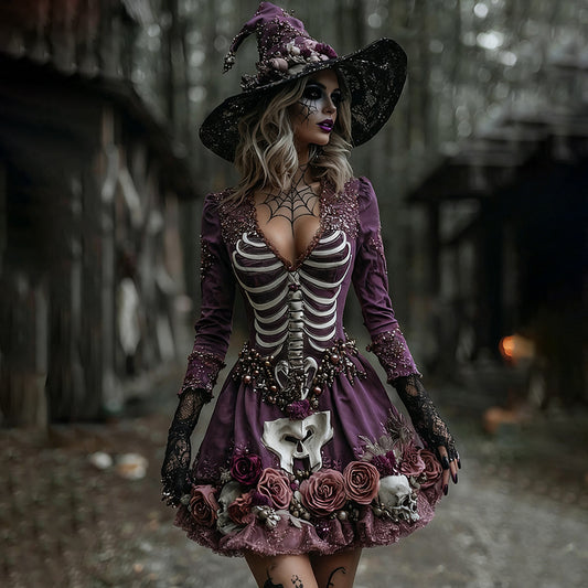 Women's Witch Skull Flower Spider Web Midi Dress