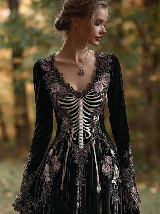 Vintage Skeleton Pink Roses Embroidered Velvet Maxi Dress