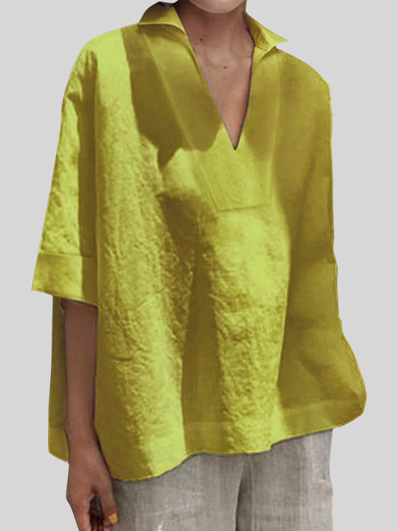 Casual Loose Solid 3/4 Sleeve V Neck Shirt