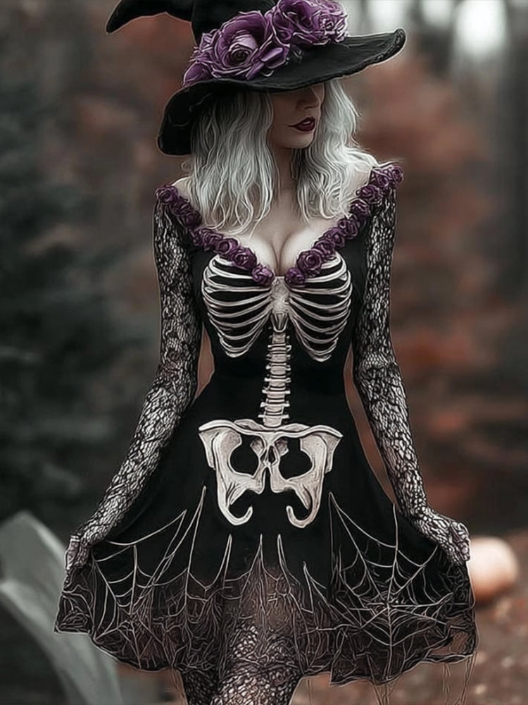 Women's Halloween Skeleton Flower V-neck Short Skirt