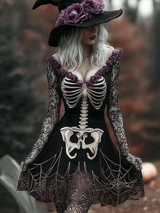 Women's Halloween Skeleton Flower V-neck Short Skirt