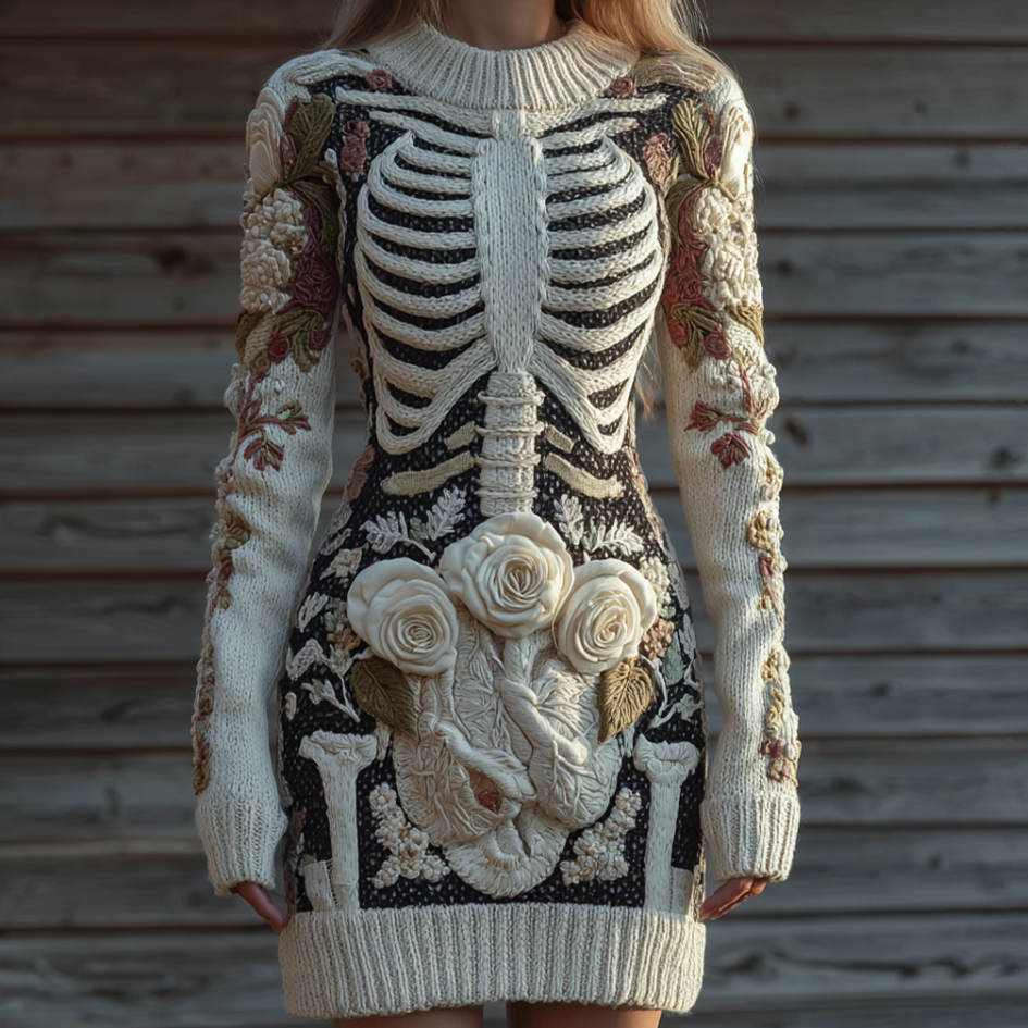 Halloween Human Anatomy Pattern And Flower Pattern Combined Design Women's Round Neck Knit Sweater Dress