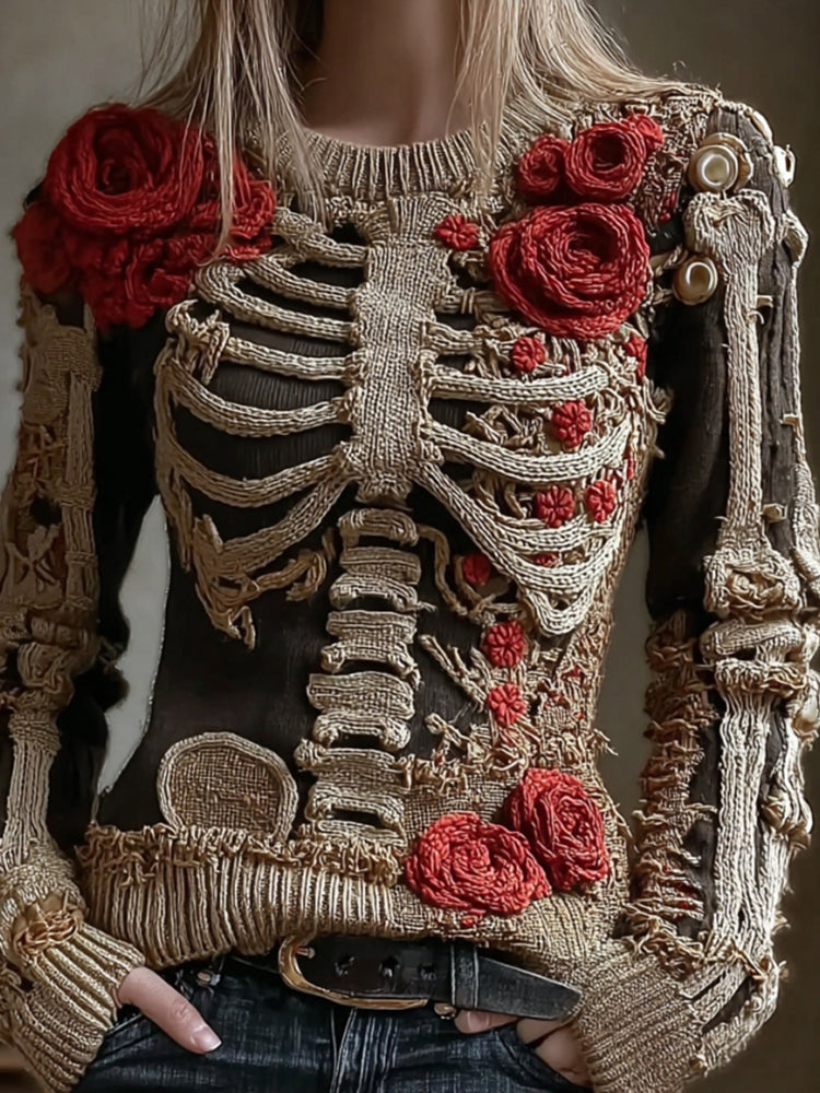 Women's Vintage Halloween Skeleton Red Rose Art Knit Pullover Sweater