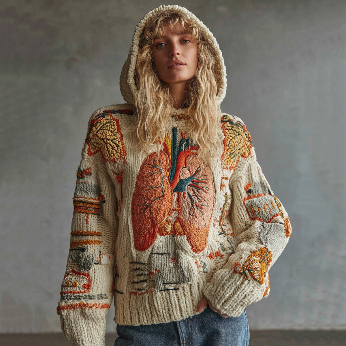 Vintage Halloween Anatomy Art Chunky Knitted Hooded Sweater