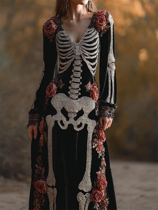 Vintage Roses Skeleton Glitter Beaded Cozy Velvet Maxi Dress