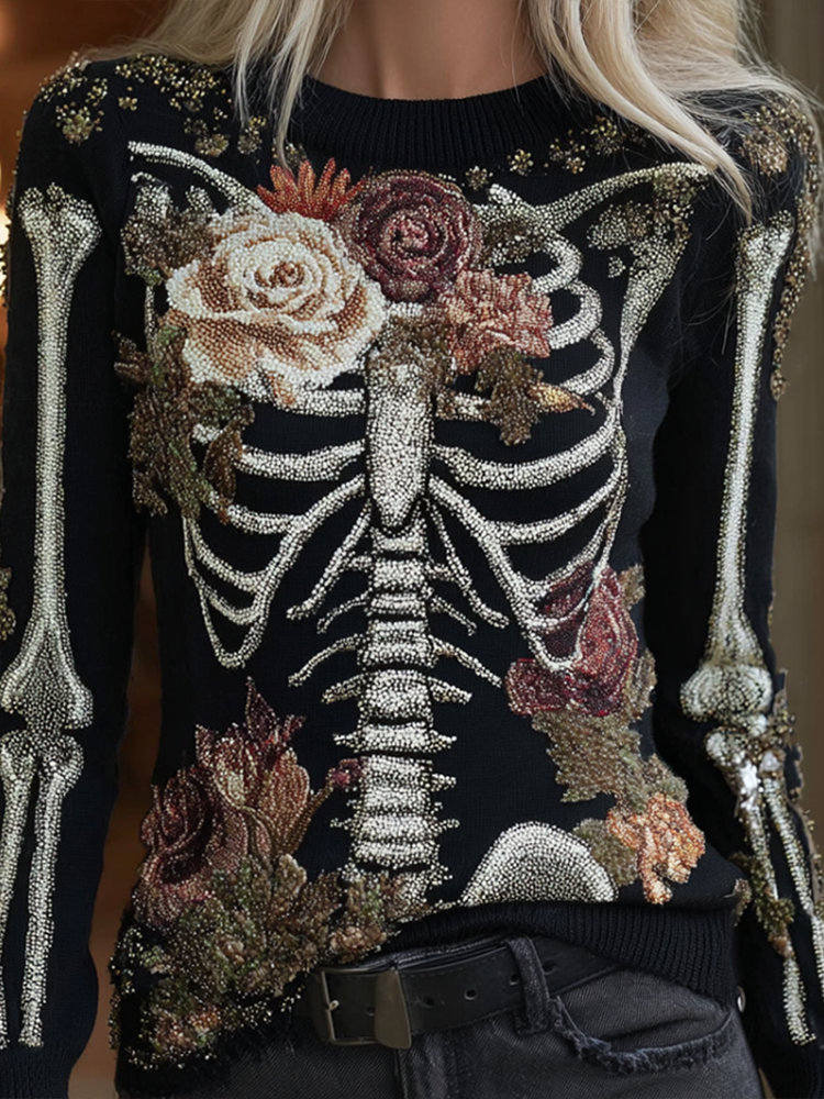 Halloween Skeleton And Plant Flower Pattern Combined Design Women's Knitted Sweater