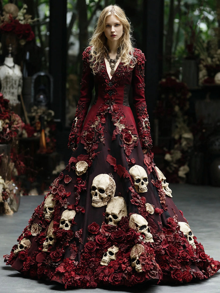 Women's Retro Skull Flower Pattern V-neck Long Sleeve Maxi Dress