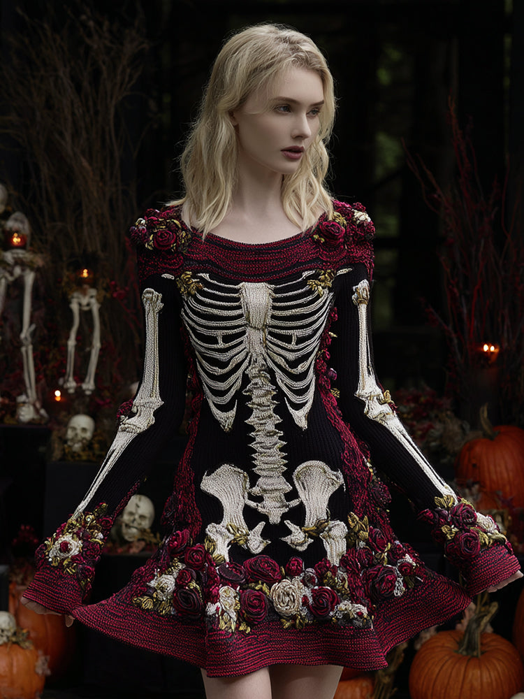 Women's Vintage Floral Skull Pattern Cozy Knit Mini Sweater Dress