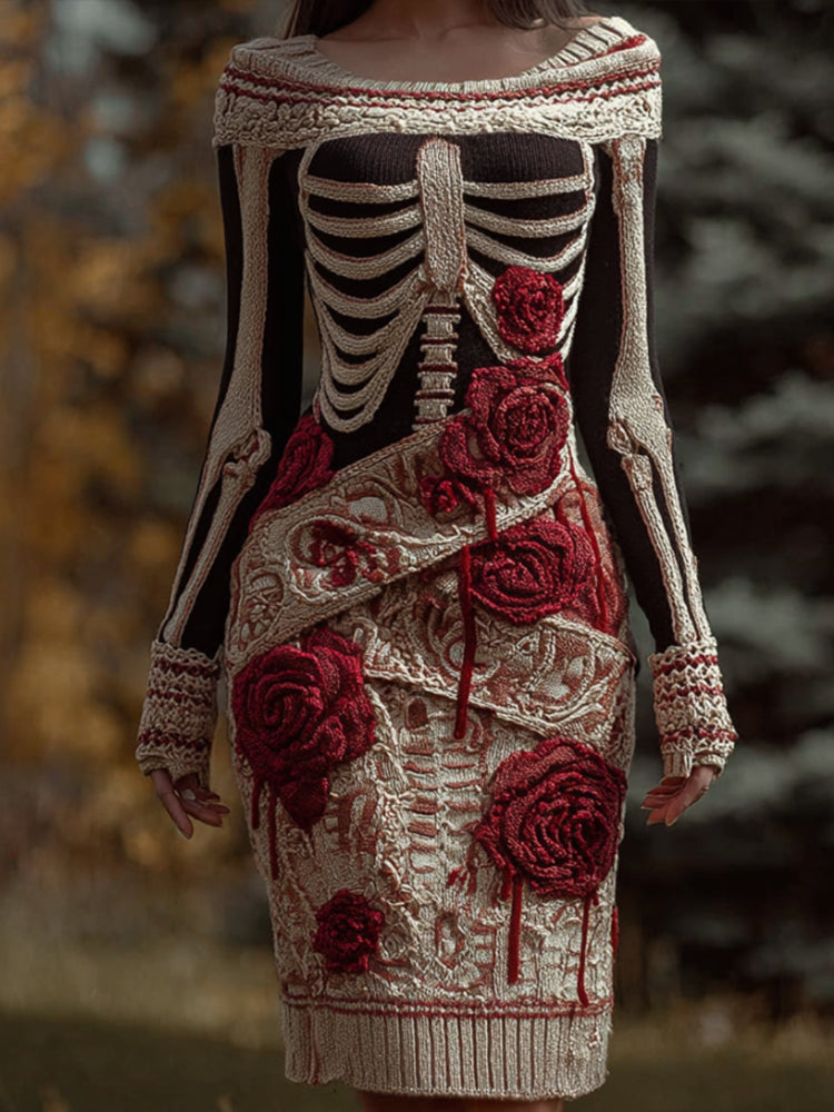 Women's Halloween Skeleton Art Wrapped Embroidered Dress
