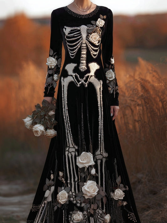 Vintage Pearls Skeleton Roses Cozy Velvet Maxi Dress