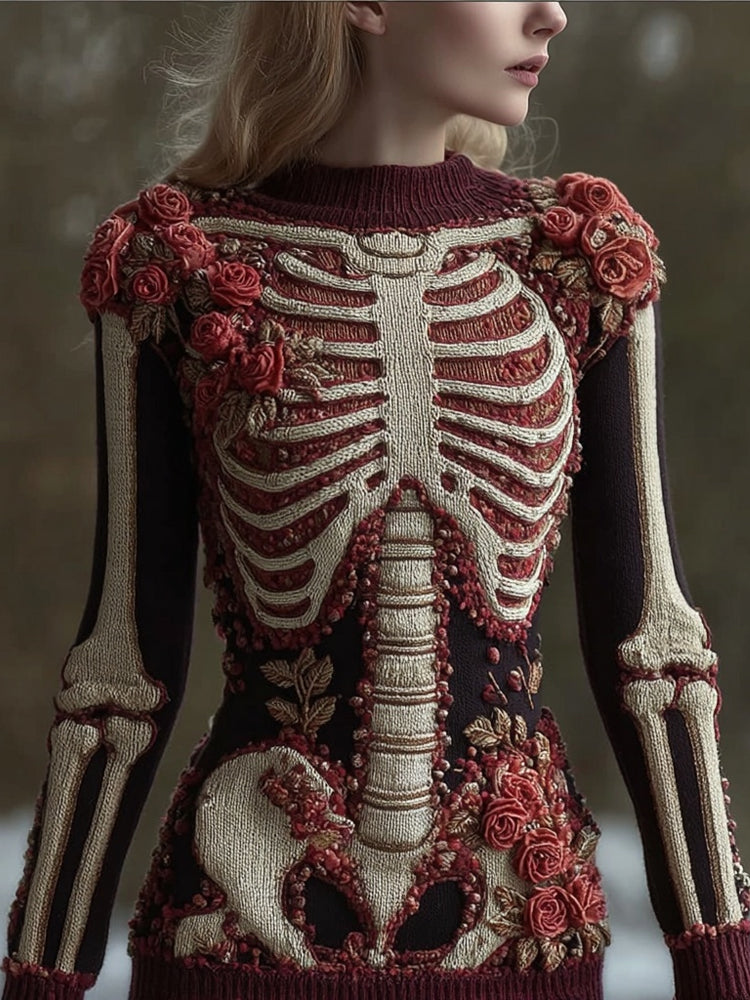 Vintage Skeleton Roses Crew Neck Cozy Knit Sweater