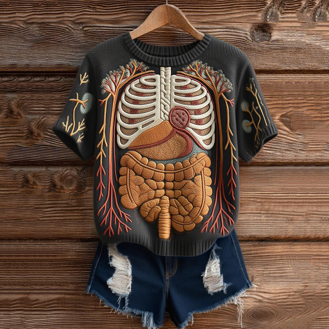 Vintage Classic Halloween Anatomy Art Short Sleeve Chunky Knitted Sweater