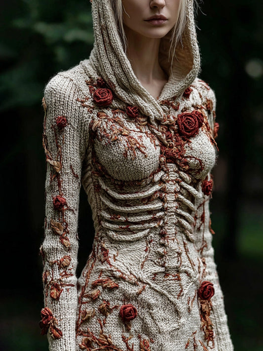 Women's Vintage Skeleton Rose Knit Hooded Sweater