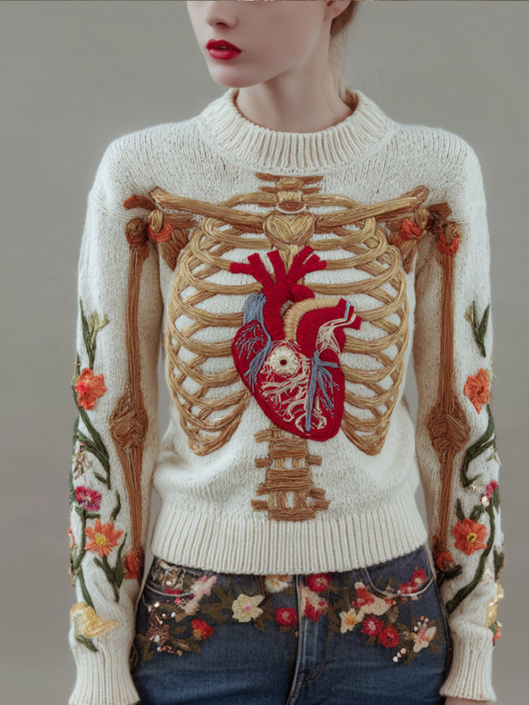 Women's Halloween Anatomy Art And Flower Vintage Round Neck Sweater