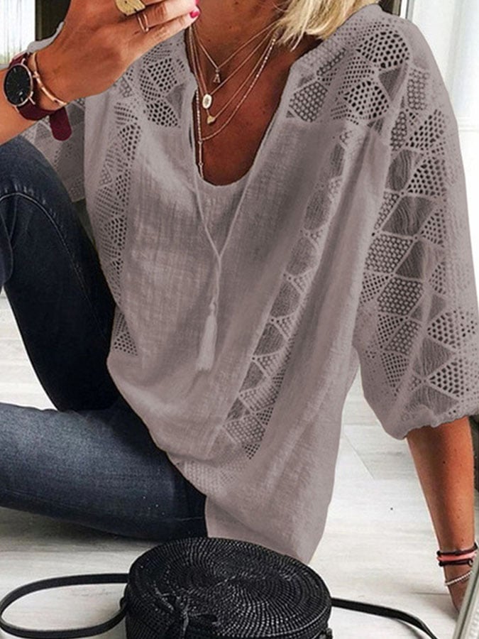 Loose Solid Color Pullover V-Neck Shirt