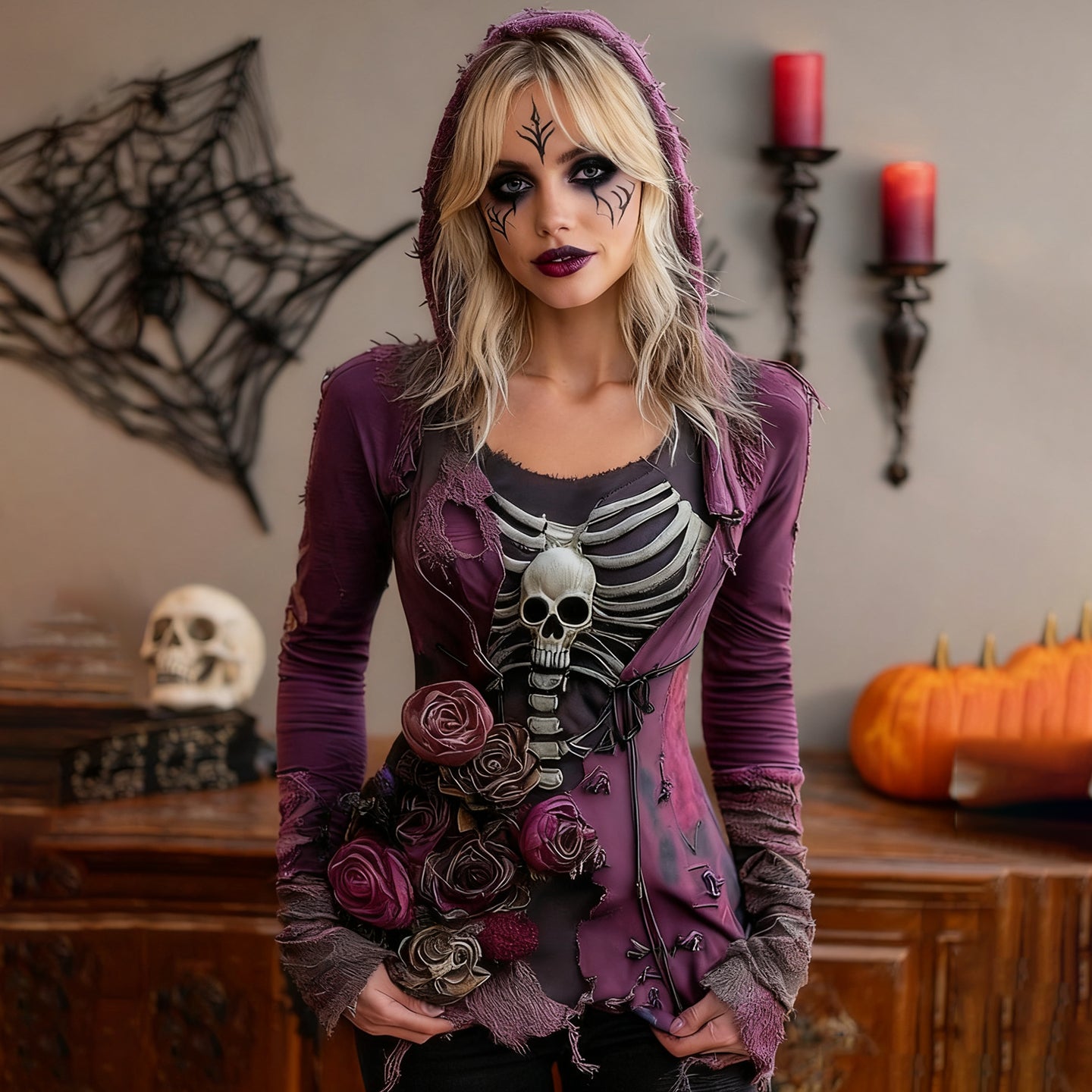 Women's Halloween Rose Skull Witch Cosplay Hooded T-shirt