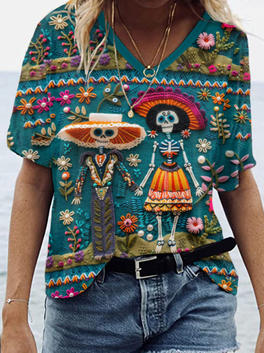 Mexican Sugar Skeleton Couple Catrina Day Of The Dead Inspired Art Inspired Painting V-Neck T-Shirt