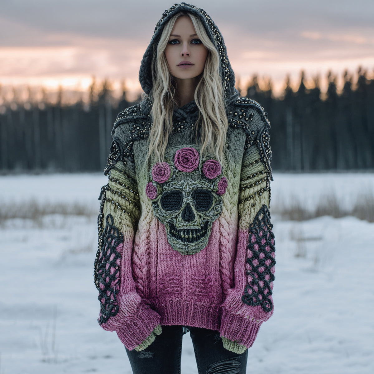 Women's Vintage Skull Flower Gradient Art Cozy Knitted Hooded Sweater