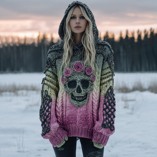 Women's Vintage Skull Flower Gradient Art Cozy Knitted Hooded Sweater