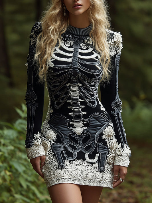 Women's Halloween Skeleton Bones Leather  With Rose Pattern Art Hot Sexy Style Cozy Knit Mini Sweater Dress