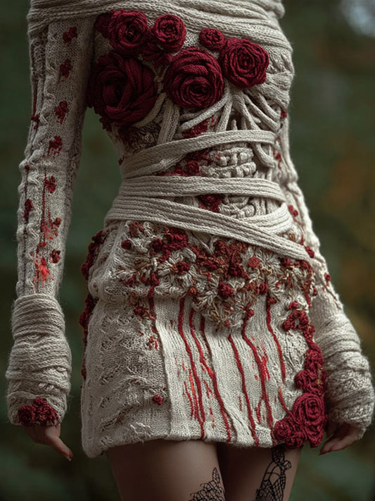 Women's Halloween Skeleton Rose Art Mini Round Neck Dress