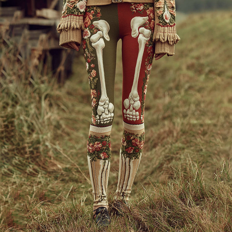 Women's Retro Skull Floral Pattern Contrast Leggings