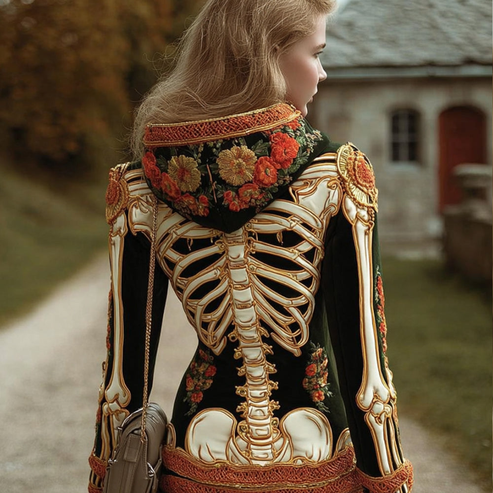 Women's Halloween Human Anatomy And Flower Art Embroidery Hoodie