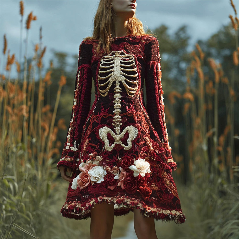 Retro Halloween Skeleton Floral Distressed Embroidery Women's Knit Dress