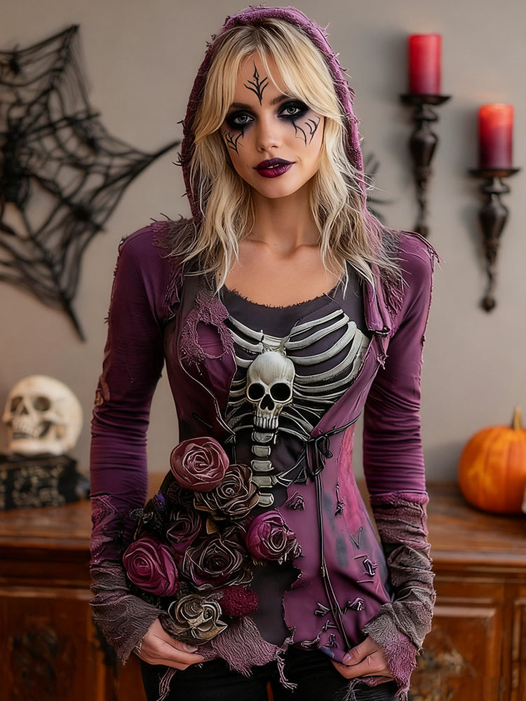 Women's Halloween Rose Skull Witch Cosplay Hooded T-shirt