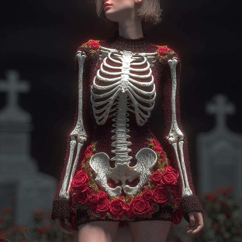 Vintage Halloween Skeleton Roses Art Cozy Sweater Dress