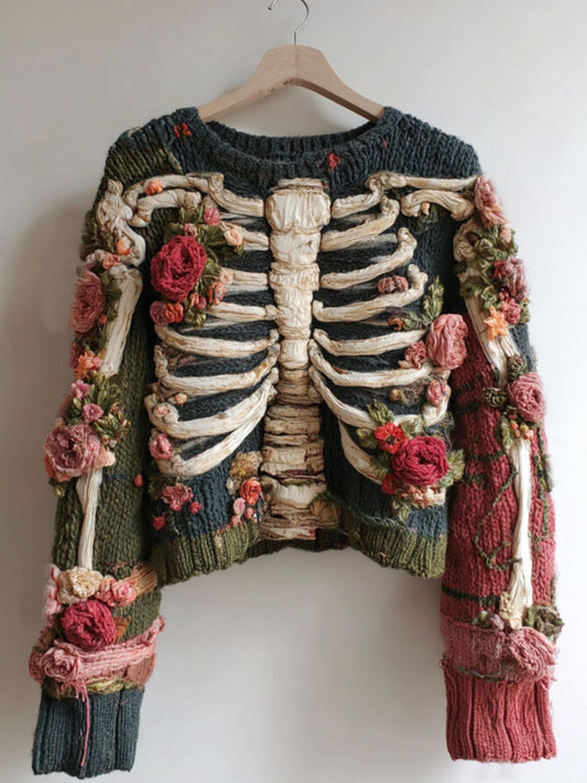 Women's Vintage Skeleton And Rose Art Color Block Cozy Sweater