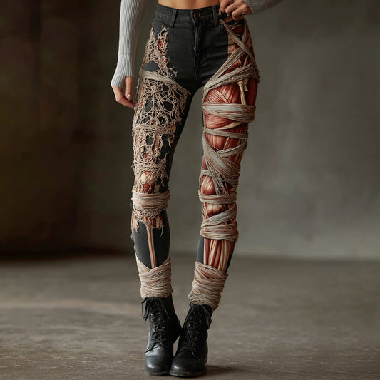 Women's Halloween Muscle Pattern Washed Jeans