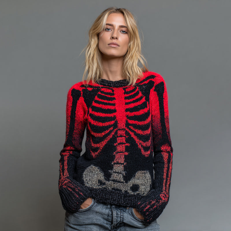 Vintage Halloween Skeleton Bones In Gradient Art Chunky Knitted Sweater