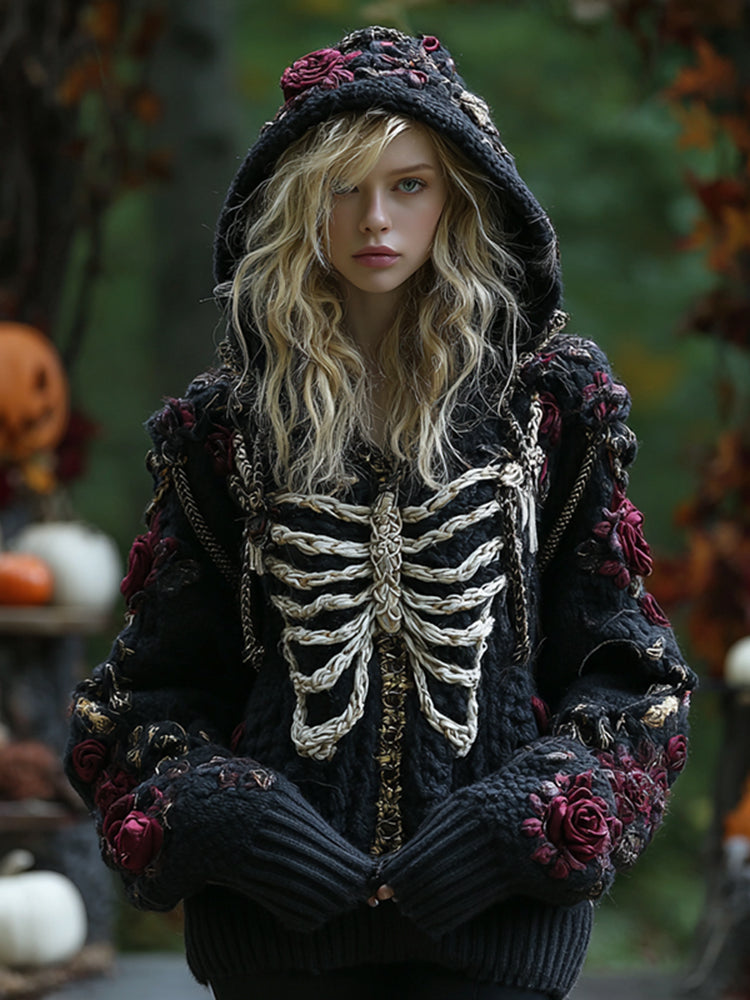 Women's Halloween Rose And Skull Embroidery Cozy Knit Hooded Sweater