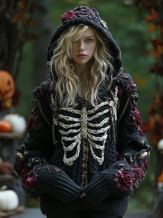 Women's Halloween Rose And Skull Embroidery Cozy Knit Hooded Sweater