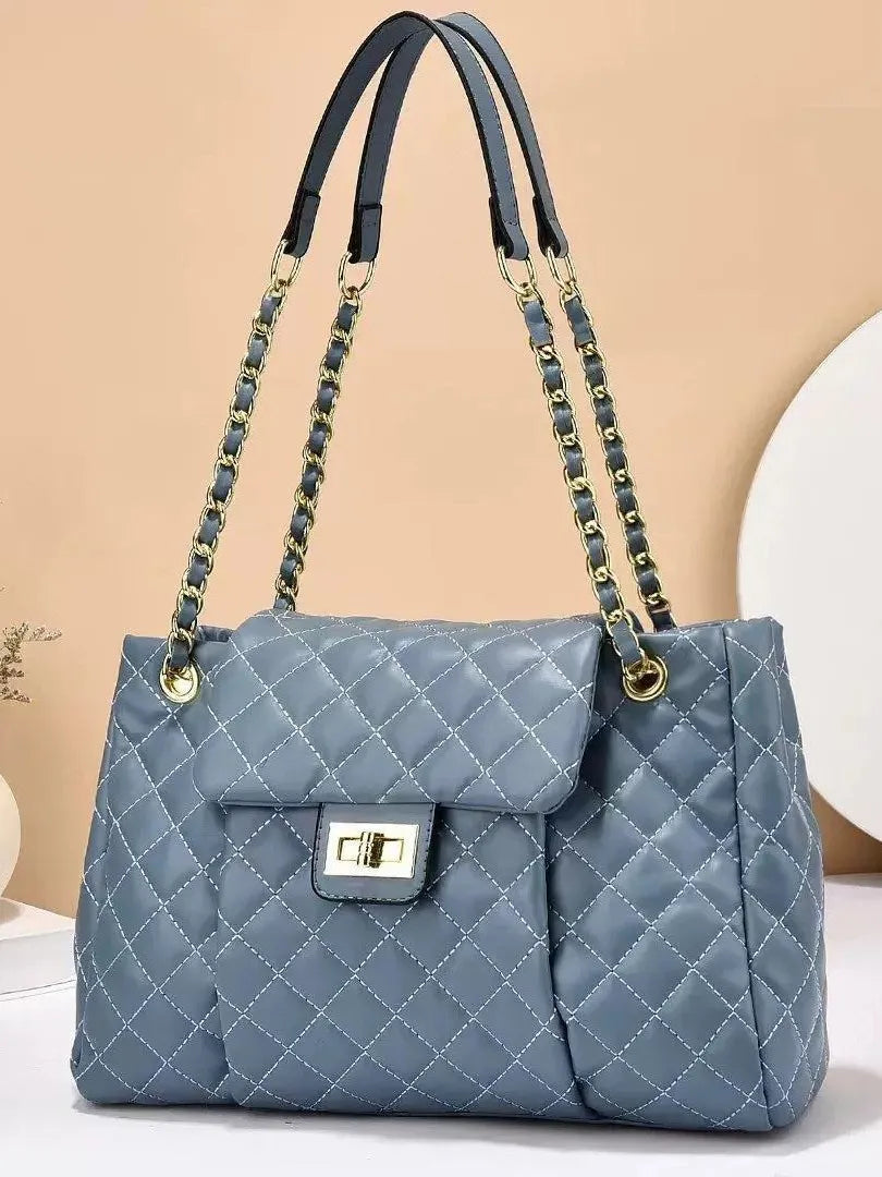 Women's Solid Color Simple Embroidery Thread Rhombus Large Capacity Chain Shoulder Messenger Bag