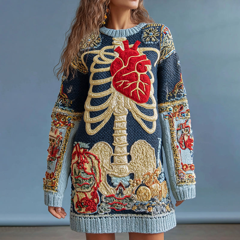 Vintage Halloween Anatomy With Cardiovascular Art Chunky Knitted Sweater Dress