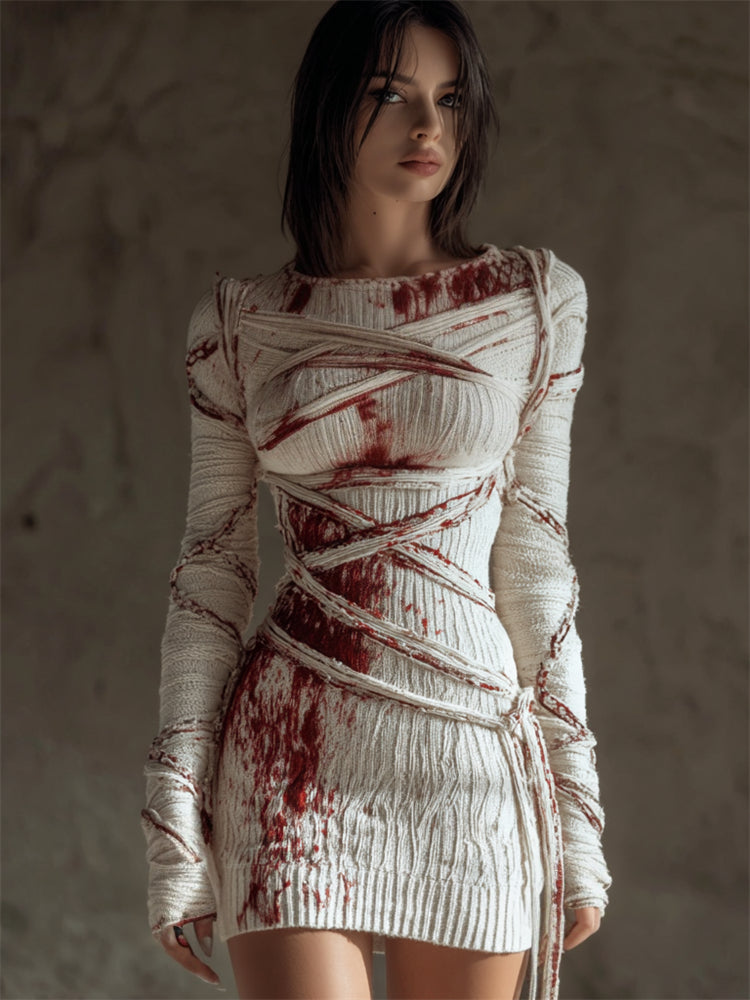 Halloween Bloody Bandages Tied Cozy Knit Sweater Dress