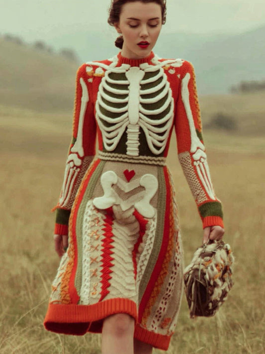 Women's Vintage Skull Rib Pattern Cozy Knit Mini Dress