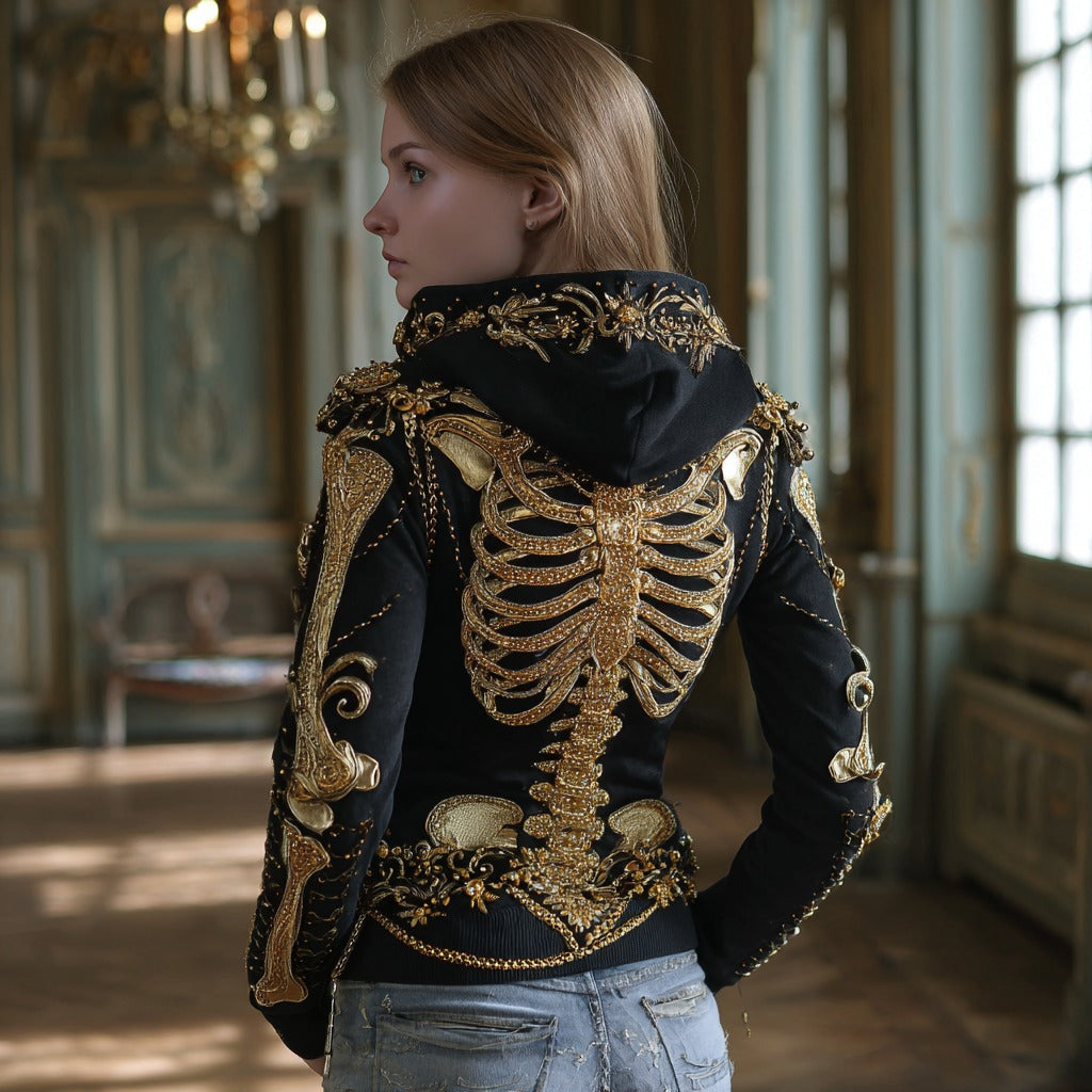 Women's Gothic Skull And Floral Embroidered Hoodie