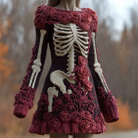 Vintage Skeleton Roses Crew Neck Cozy Sweater Dress