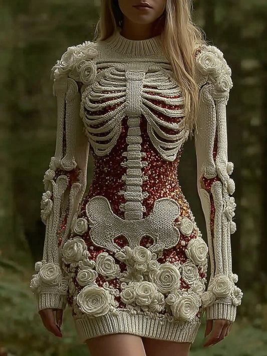 Women's Vintage Halloween Skeleton Bones Rose Art Cozy Knit Mini Sweater Dress